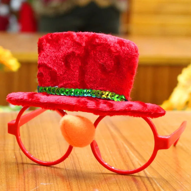 Plastic Christmas glasses frame decoration with fabric Santa Claus hat design