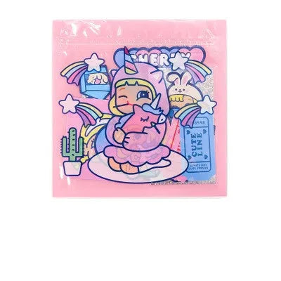 Cartoon sticker pack with 16 PVC stickers and storage box showing cute girl and heart designs