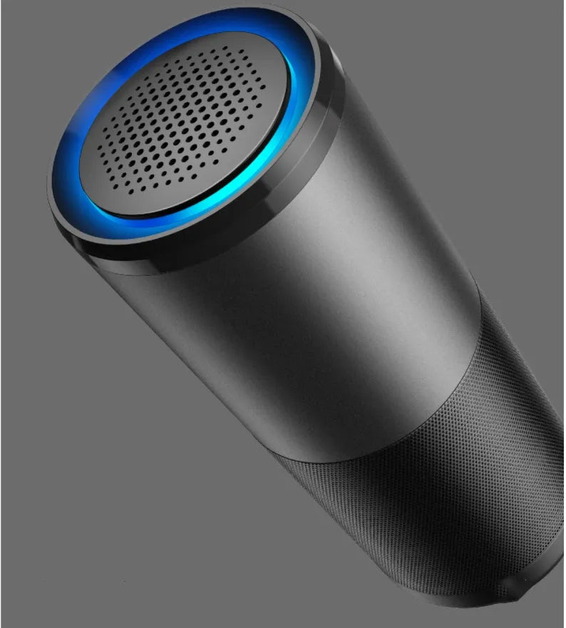 Grey black USB UV sterilising car air purifier with HEPA filter and aluminium alloy body