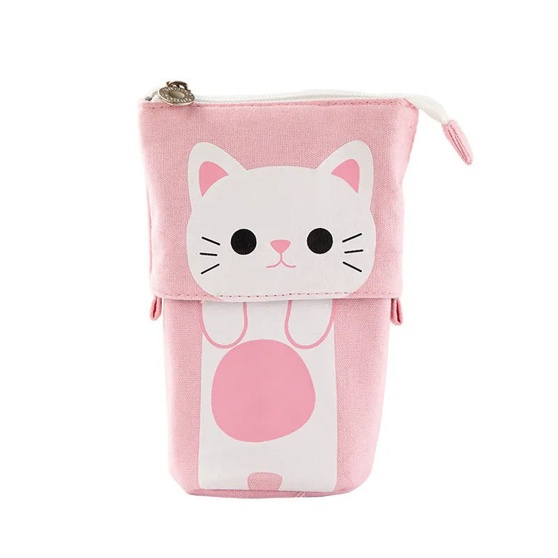 Korean-style round canvas pencil bag with cartoon pattern and zippered closure