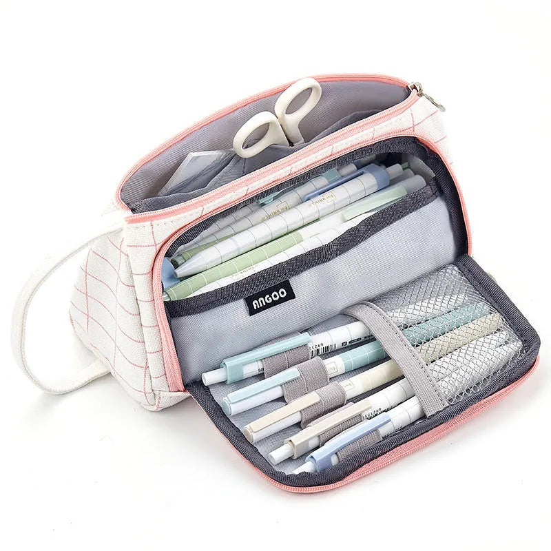 Canvas plaid pencil case with striped Korean style square shape