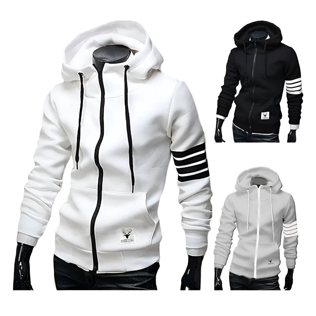 Cotton nylon fleece hooded zip pullover sweatshirt in black, side view showing full-length zip and attached hood