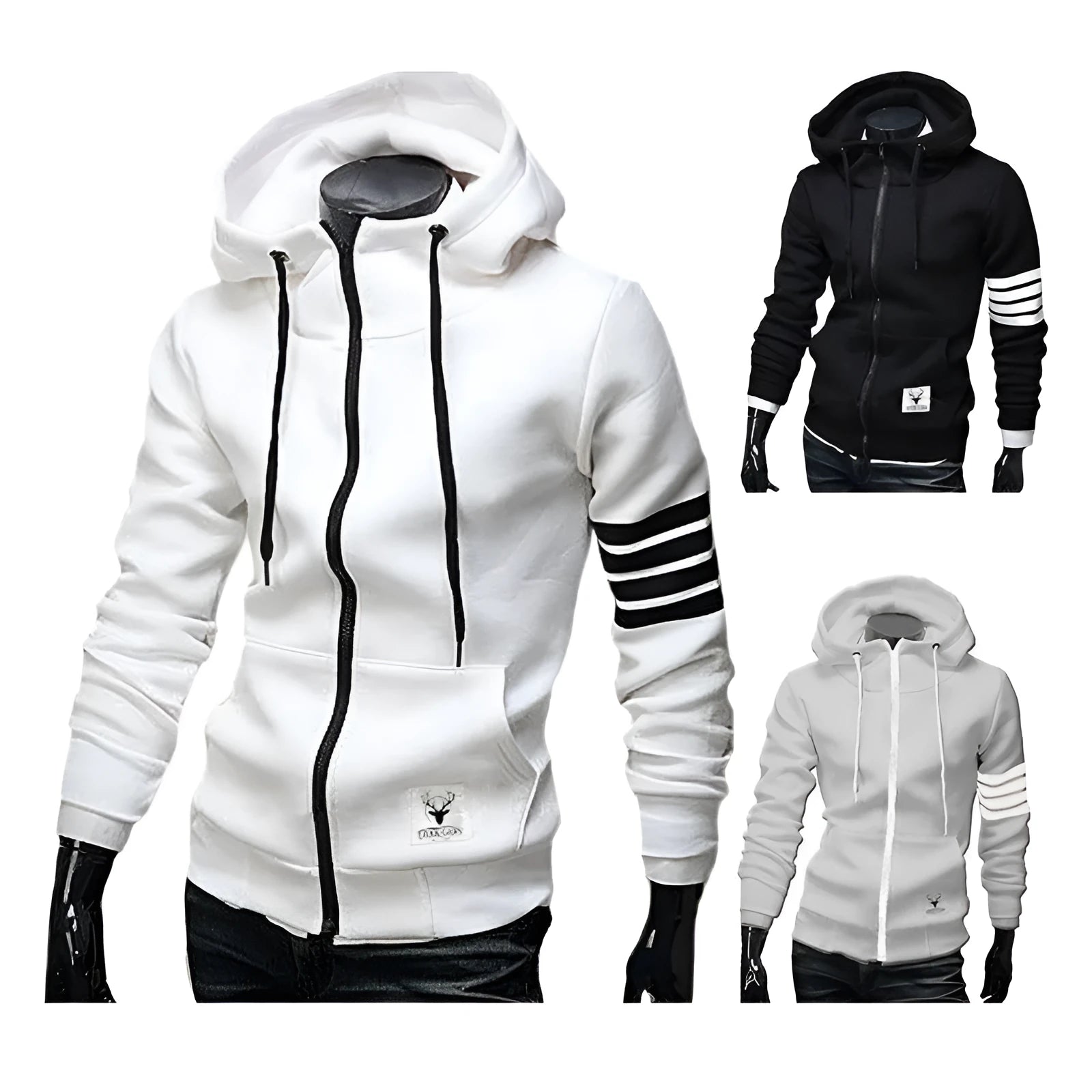 Cotton nylon fleece hooded zip pullover sweatshirt in black, side view showing full-length zip and attached hood