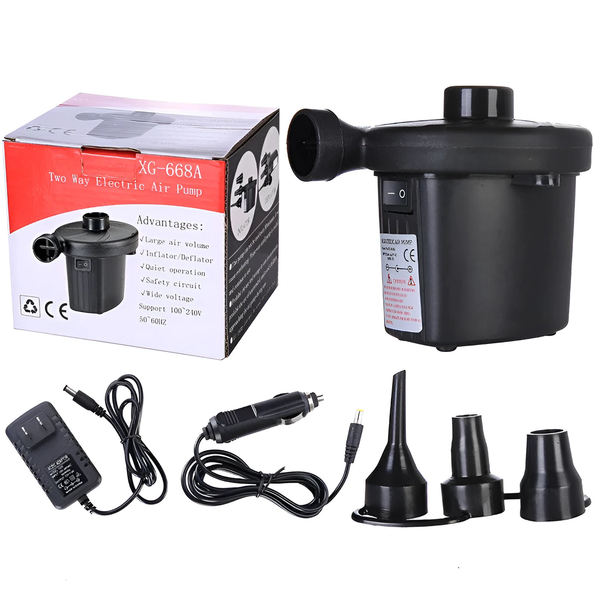 Household electric car air pump dual-use inflator with plastic body, 1m power cord, and 8cm tube on a white background