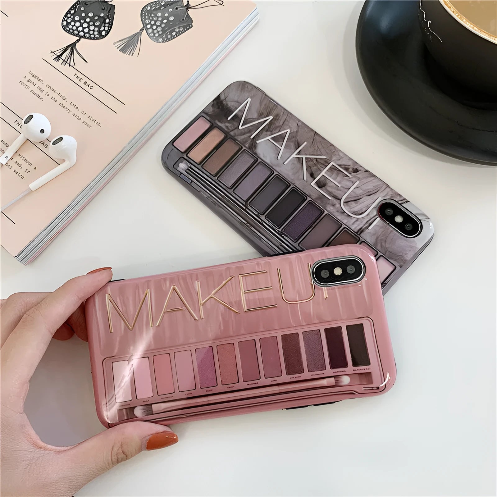 Silicone iPhone case with marble eye shadow pattern in flesh and grey colours