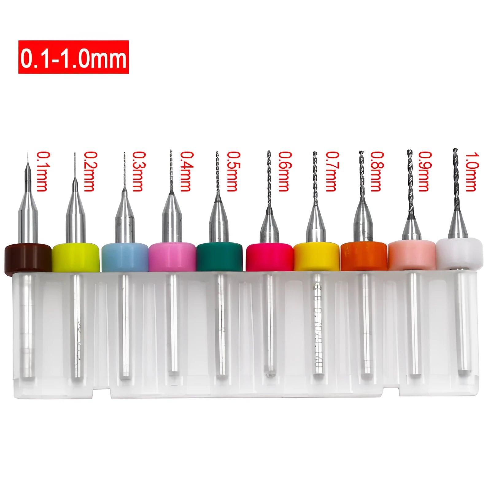 Ten tungsten carbide PCB drill bits with straight shanks on a white background