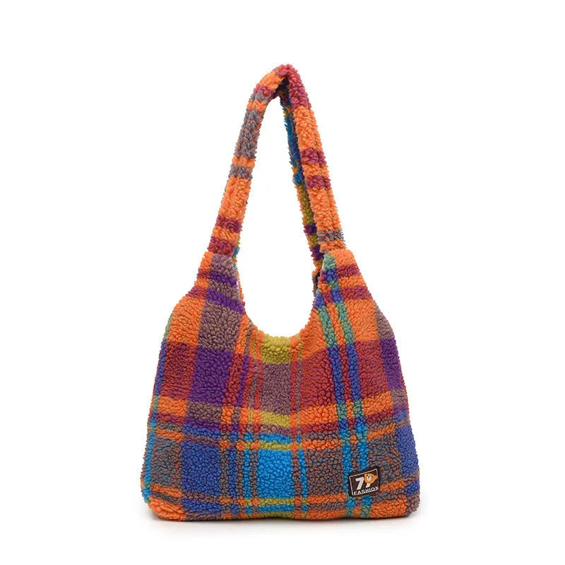 Army Green plaid plush women's large shoulder tote bag showing front view and zipper compartment.
