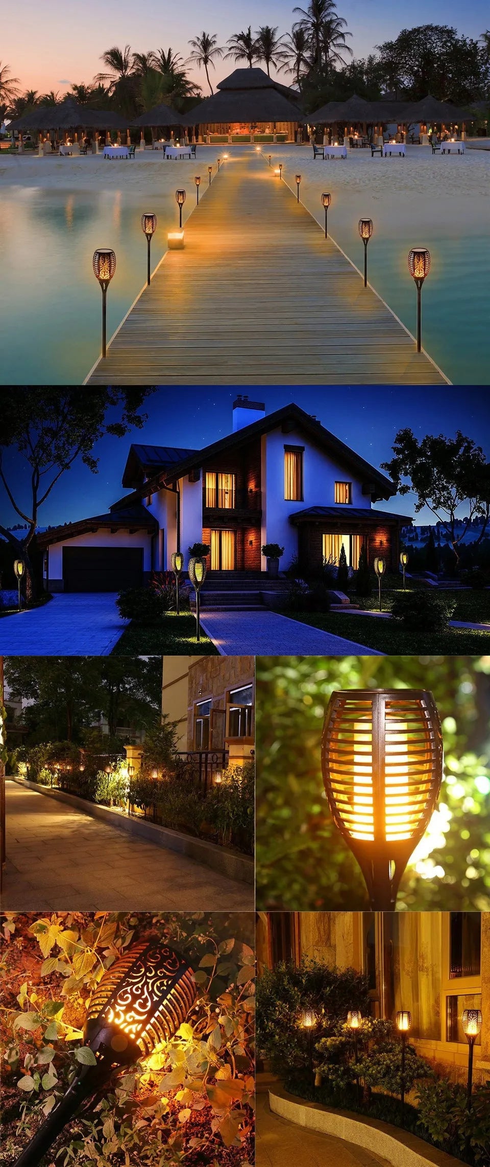 Black solar LED flame torch lamp with warm white flickering effect on a lawn, 83cm tall