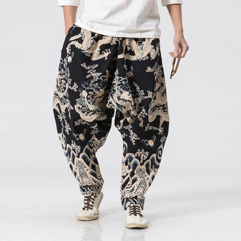 Men's dragon print harem trousers with elastic waist, loose length, available in multiple sizes