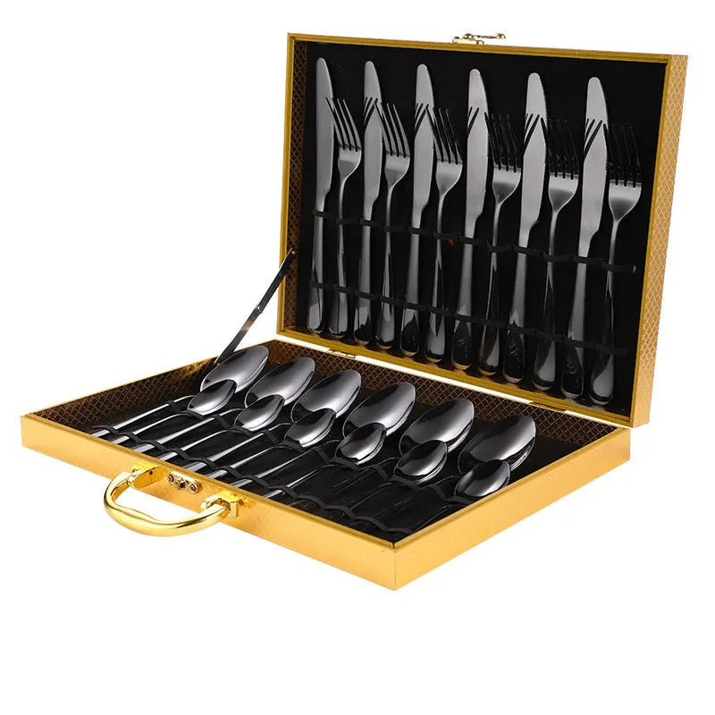 24-piece stainless steel cutlery set for six place settings showing knife, fork, and spoon options in different colour finishes.