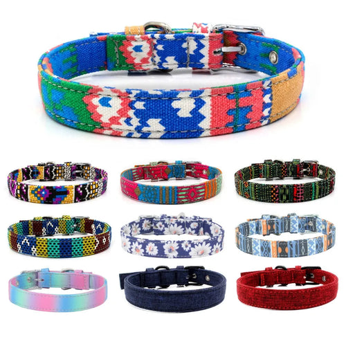 Double layer reflective canvas dog collar with metal D-ring, available in multiple sizes and colours