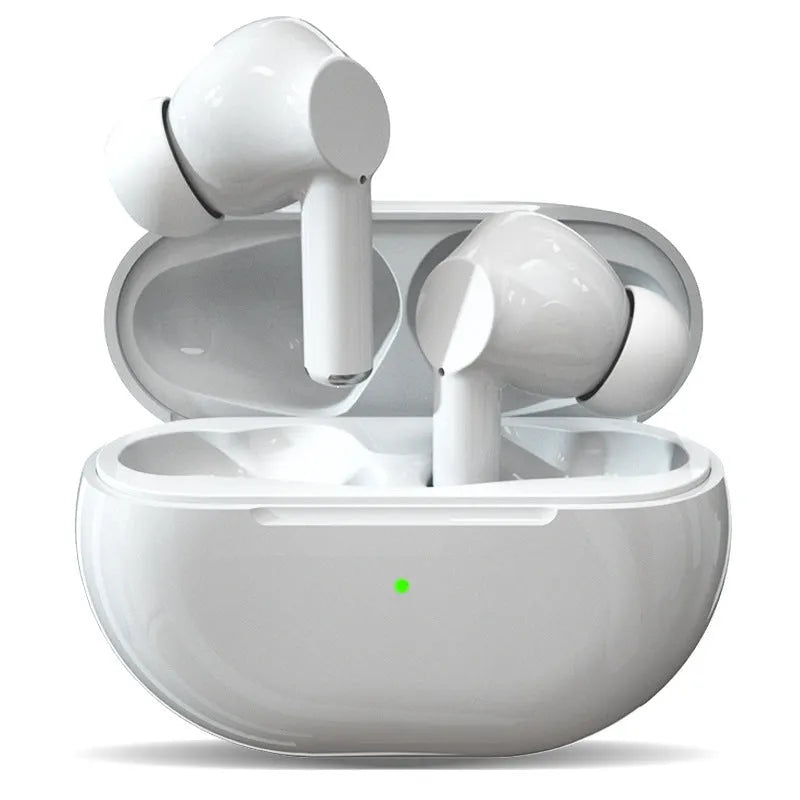 Pro4 black and white wireless Bluetooth earbuds with a USB charging case and cable.