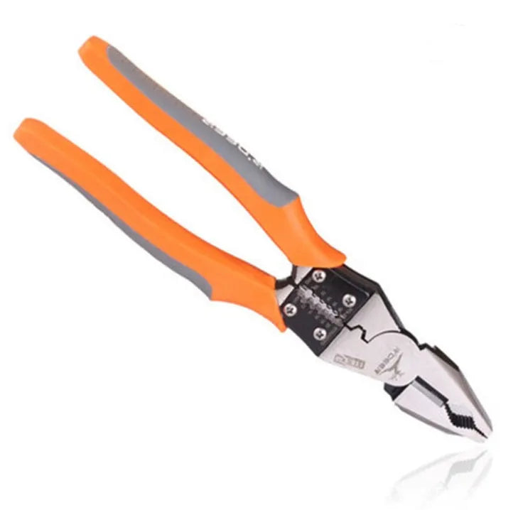 Orange multi-function wire cutter pliers with chrome steel jaws and plastic handles.