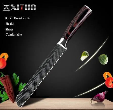 7Cr17 stainless steel kitchen knife with laser Damascus pattern blade and coloured wood handle