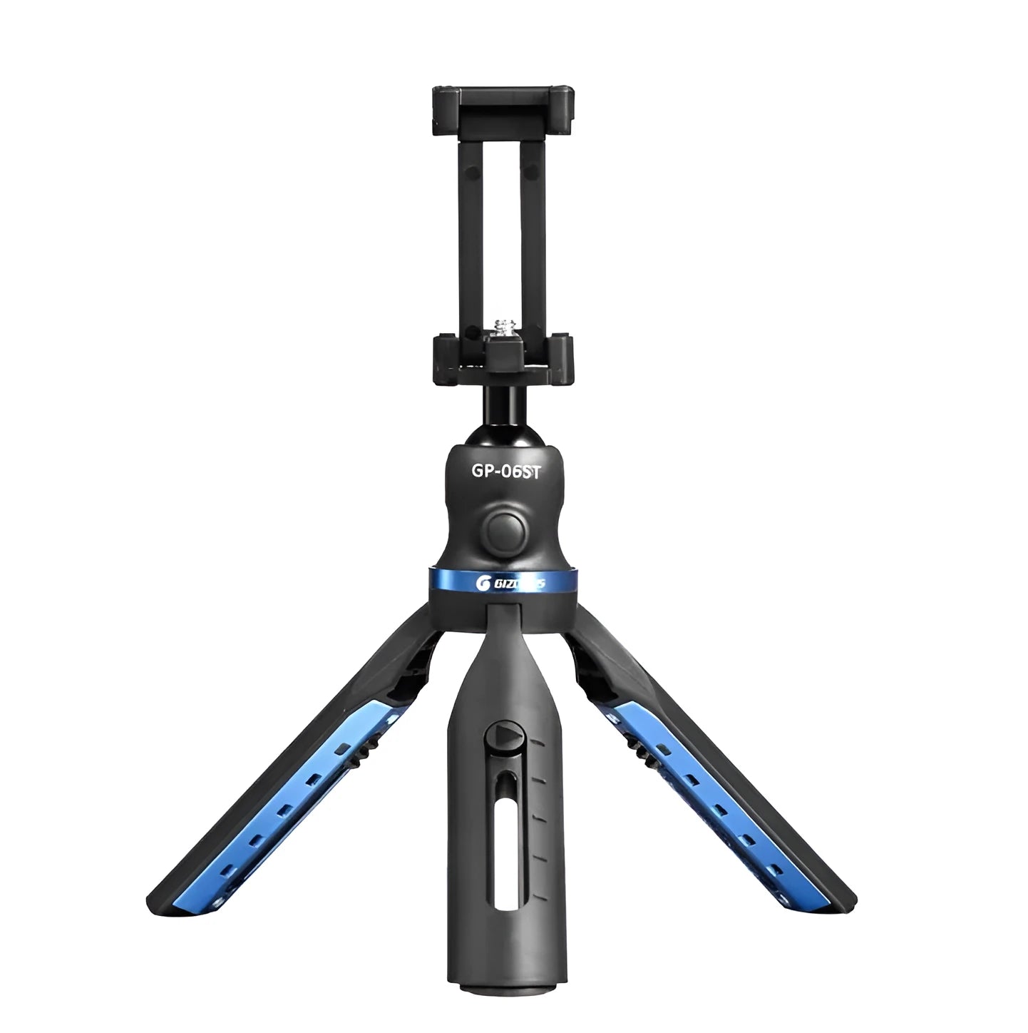 Black plastic and aluminium desktop tripod holding a mobile phone for video calls.