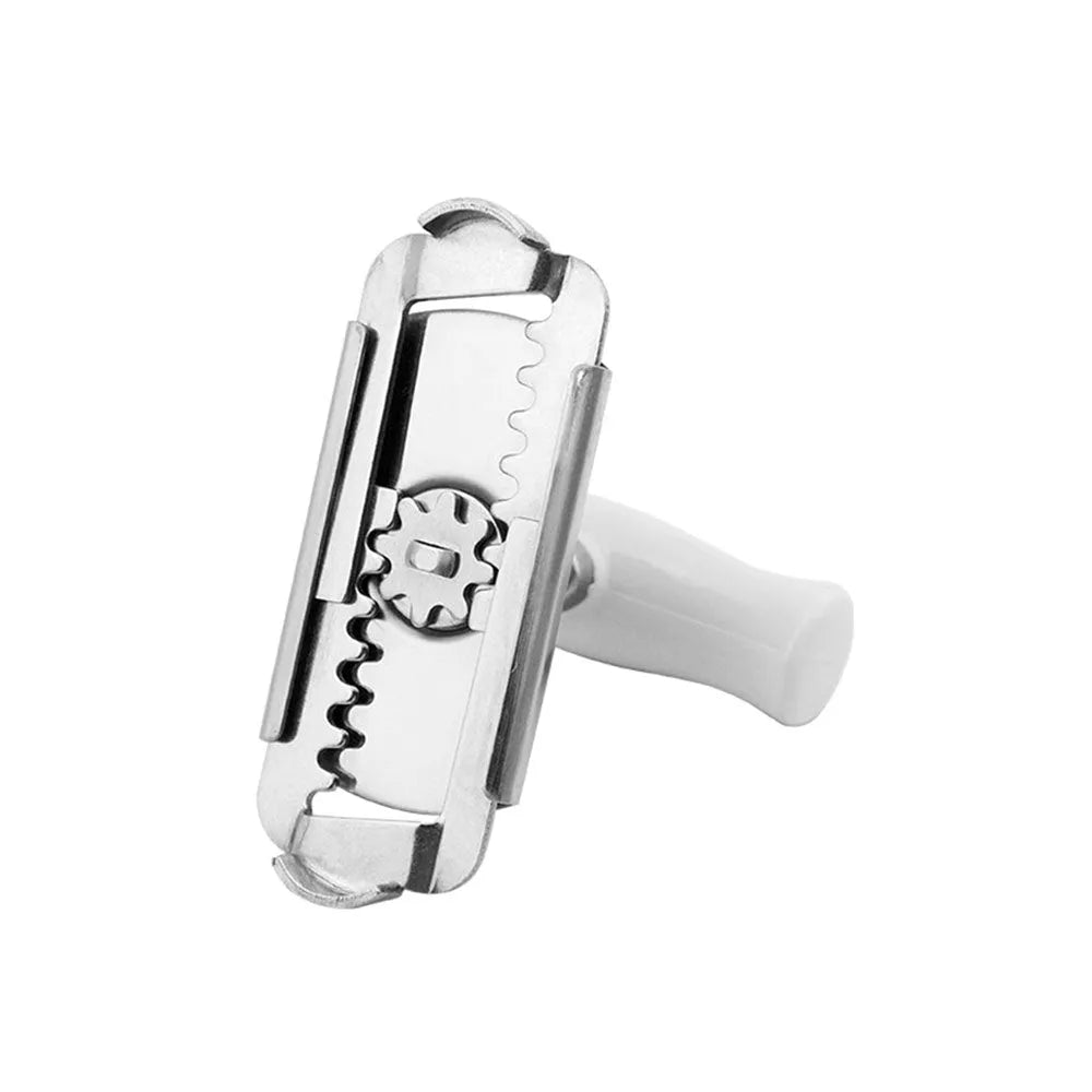 White stainless steel adjustable bottle cap opener with PP handle showing gear mechanism