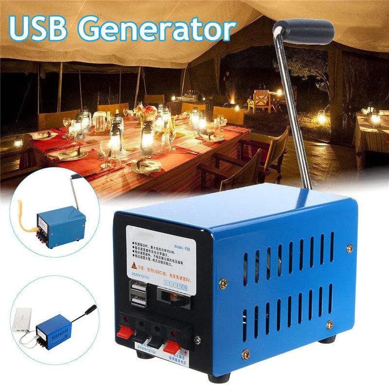 Blue metal USB emergency hand crank generator showing voltage selection panel and compact 125mm size