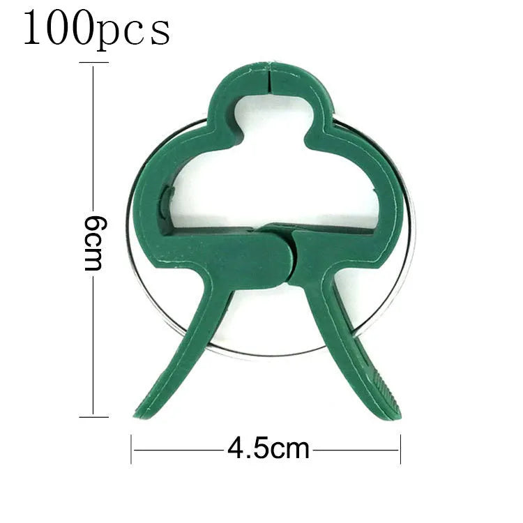 Green plastic and zinc plant fixing clips, showing large and small sizes for garden vine support.