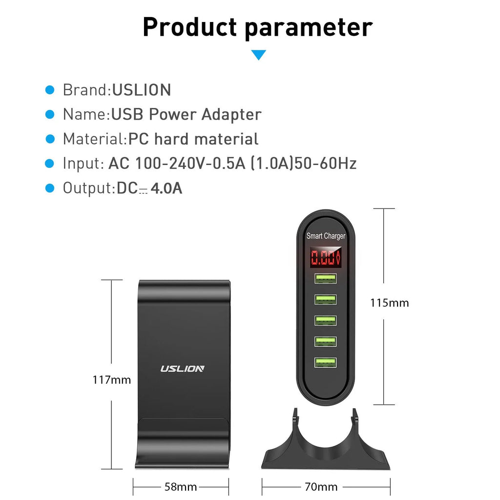 Smart LED digital display USB charger with indicator function, 4000mA, available in black or white with EU, UK, or US plug
