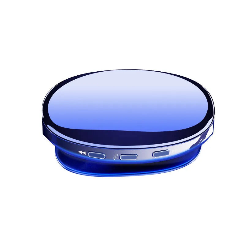 Blue Bluetooth MP4 music player with OLED screen showing menu, next to headphones.