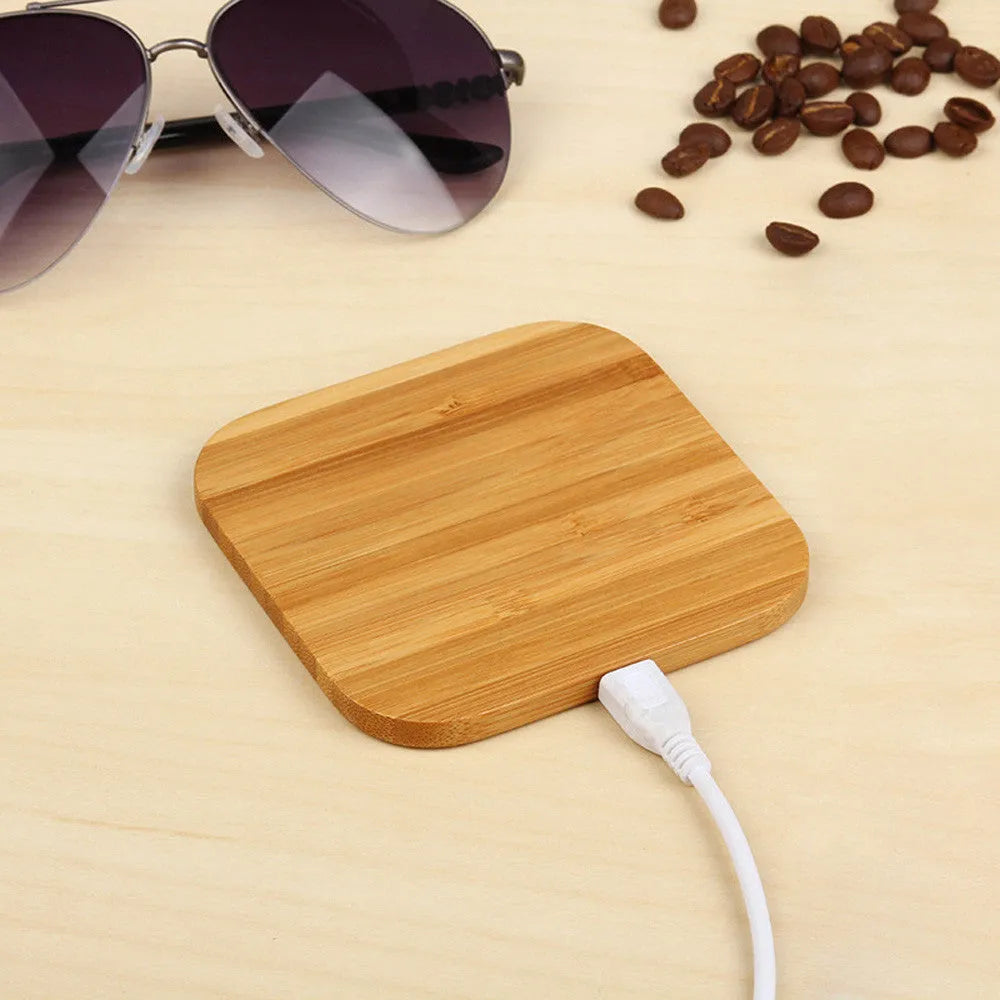Square bamboo wireless charger showing 92mm dimensions with Qi charging symbol