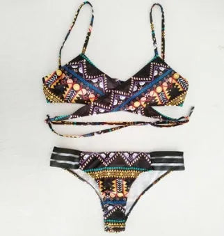 Women's ethnic print bikini with chest cross straps and removable pads in picture colour
