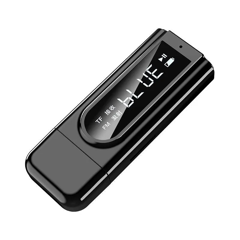 Black USB car FM Bluetooth receiver for wireless music streaming via AUX or USB.