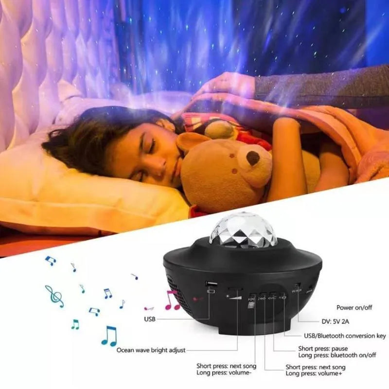 USB music player LED night light galaxy starry sky projector with Bluetooth remote control and 10 colours 360° rotation