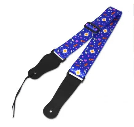 Printed cloth guitar shoulder strap showing eight design options including national flag and lightning patterns