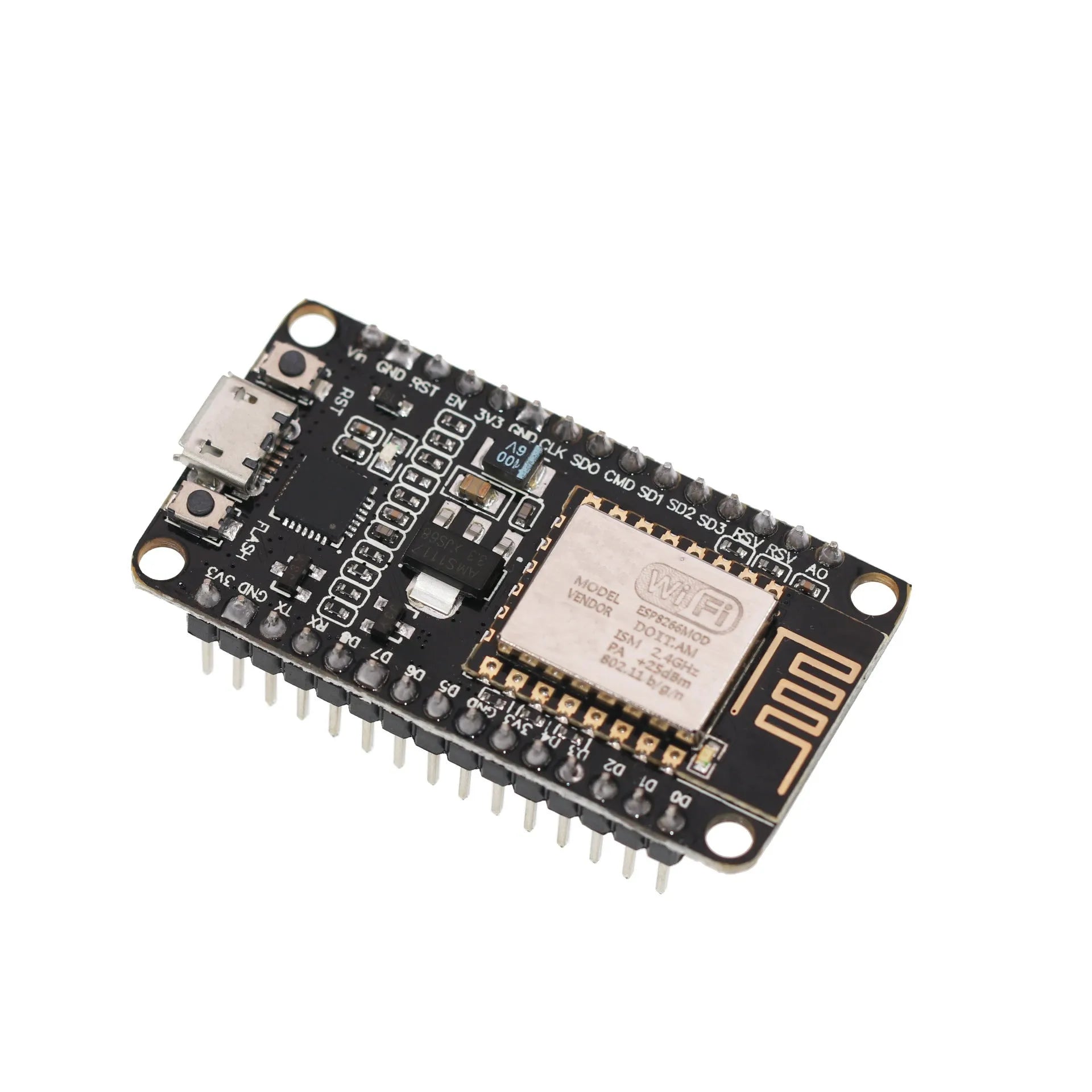 NodeMcu Lua Wi-Fi development board with ESP8266 chip and USB connector.