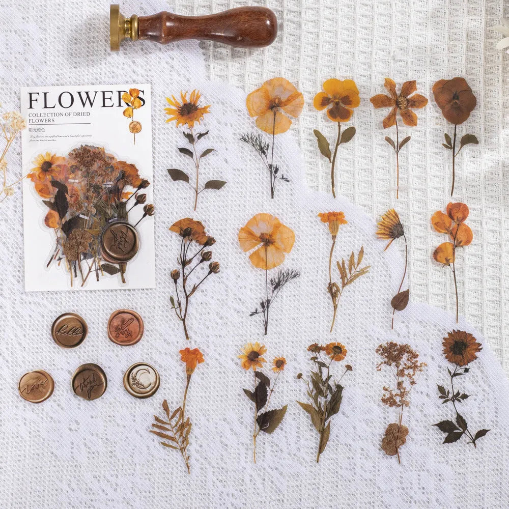 Set of dried flowers artistic stickers for journal decoration showing eight colour designs on 70mm PET sheets