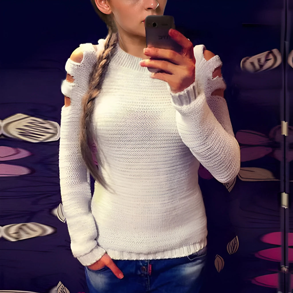 Women's white hollow-out knitted bottoming shirt with round neck and long sleeves