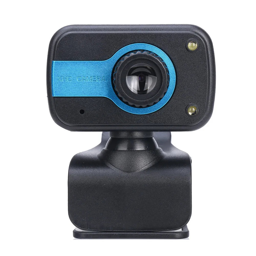 Mini driverless USB webcam with rotating lens in blue, red, or white colours.