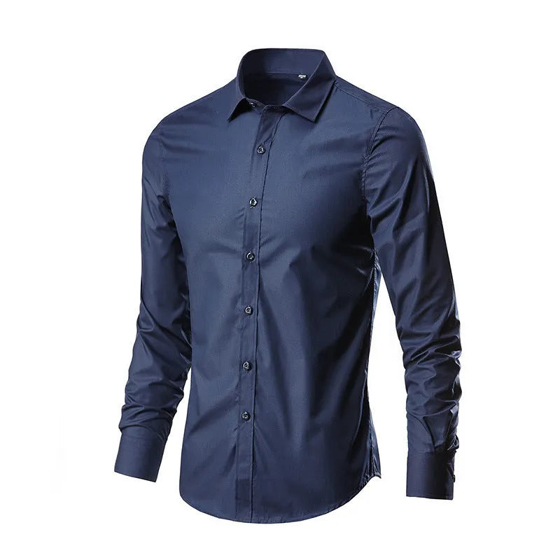 Man wearing a loose-fit light grey linen long-sleeve shirt, casual slim style.
