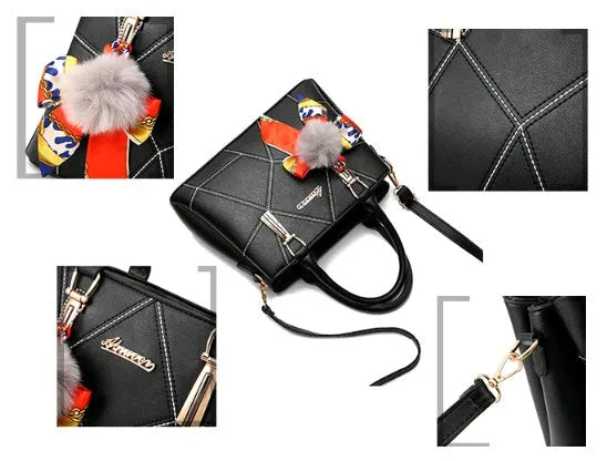 Ladies PU messenger bag with embroidery detail and soft handle in cross-section square shape