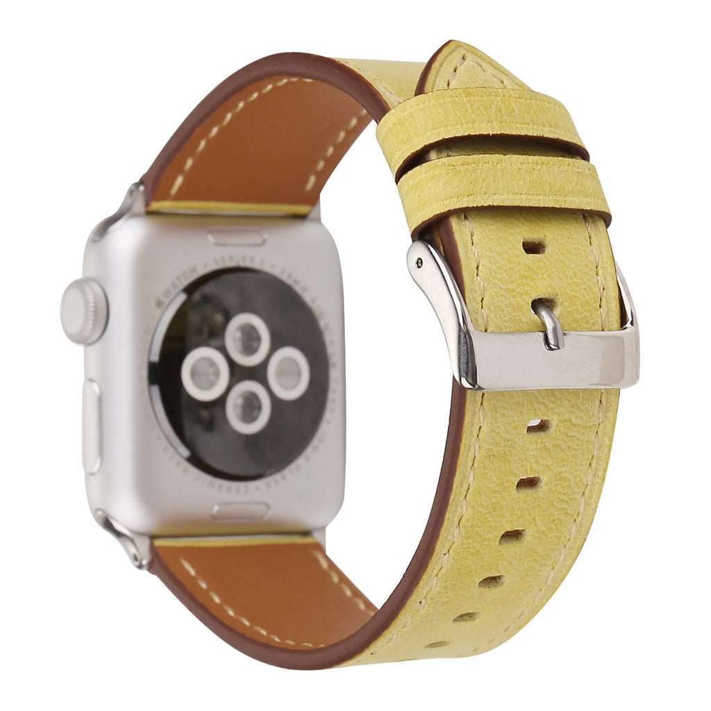 Blue leather watch strap with a silver folding buckle on a 42mm width watch case.