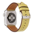 Blue leather watch strap with a silver folding buckle on a 42mm width watch case.