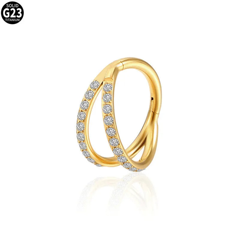 Titanium alloy nose ring with diamond coating in gold colour, showing gauge thickness and length measurements