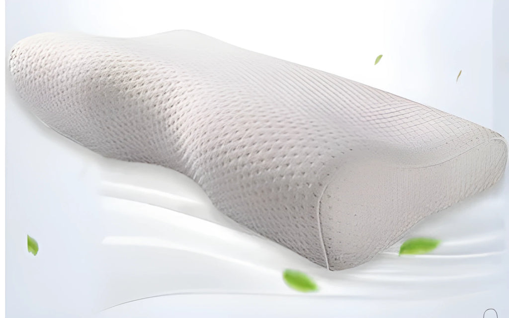 Butterfly-shaped cervical memory foam pillow in blue or milky white colours