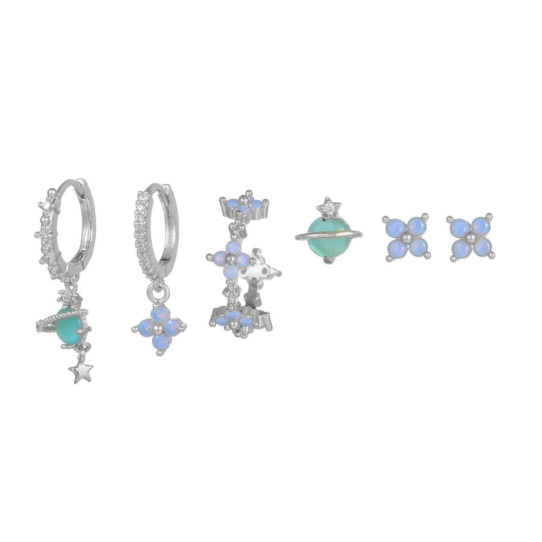 Blue protein colour flower nail design earrings with zircon accents in gold and silver options