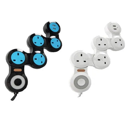 White UK standard power strip with 345 socket positions, 2 USB ports, and 4m cable