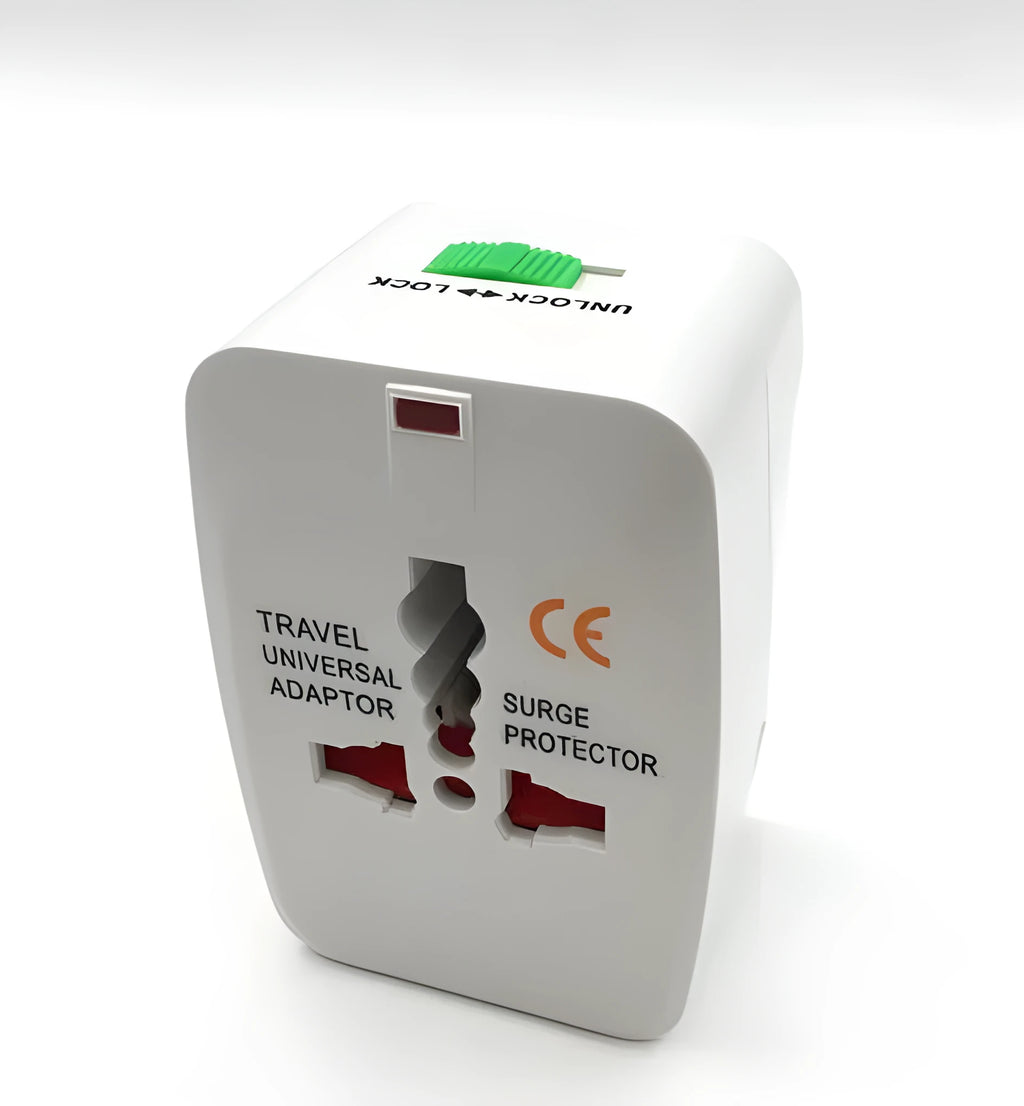 Universal travel plug adapter for international use measuring 73x50x39mm with multi-country compatibility