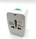 Universal travel plug adapter for international use measuring 73x50x39mm with multi-country compatibility