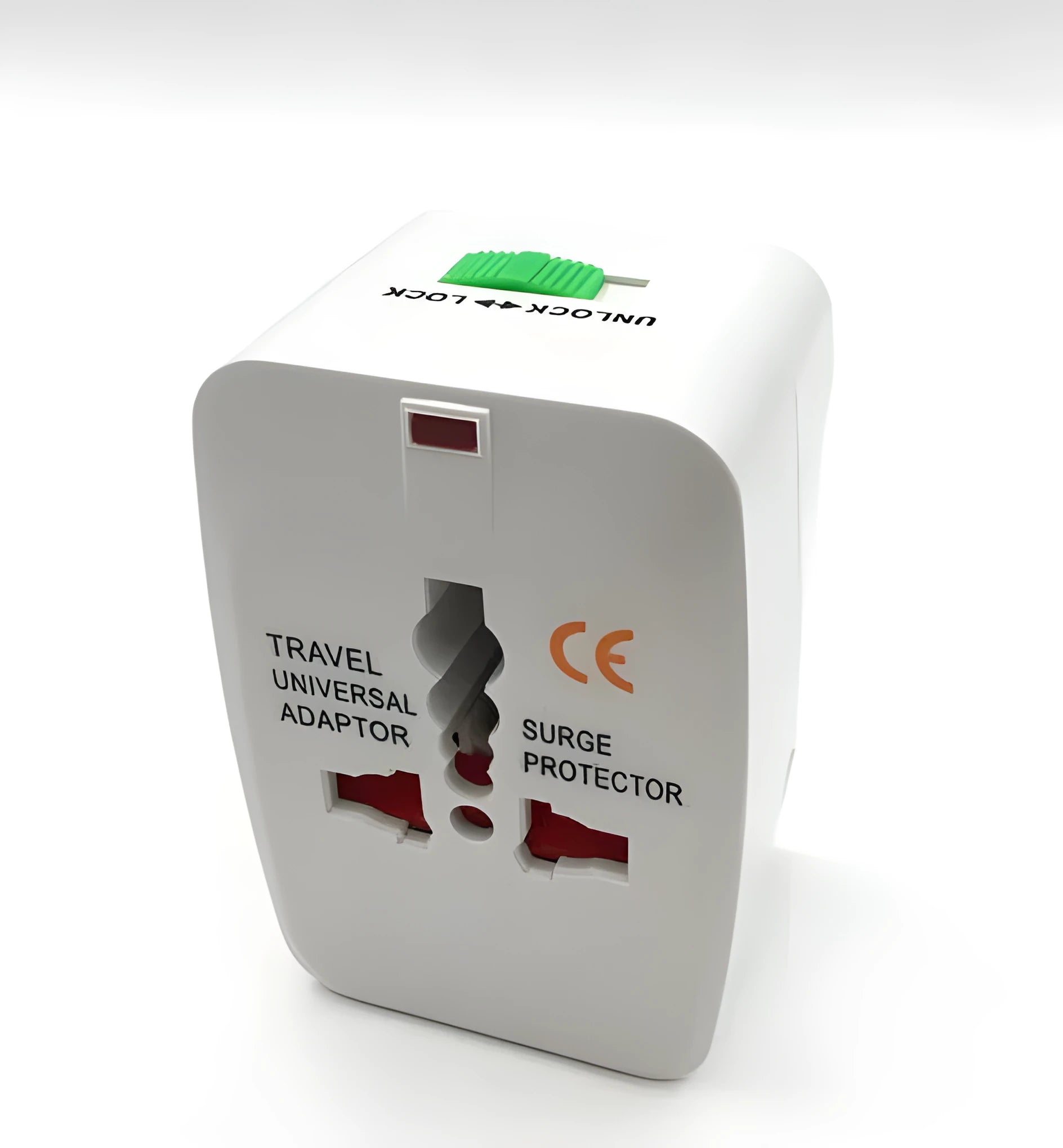 Universal travel plug adapter for international use measuring 73x50x39mm with multi-country compatibility