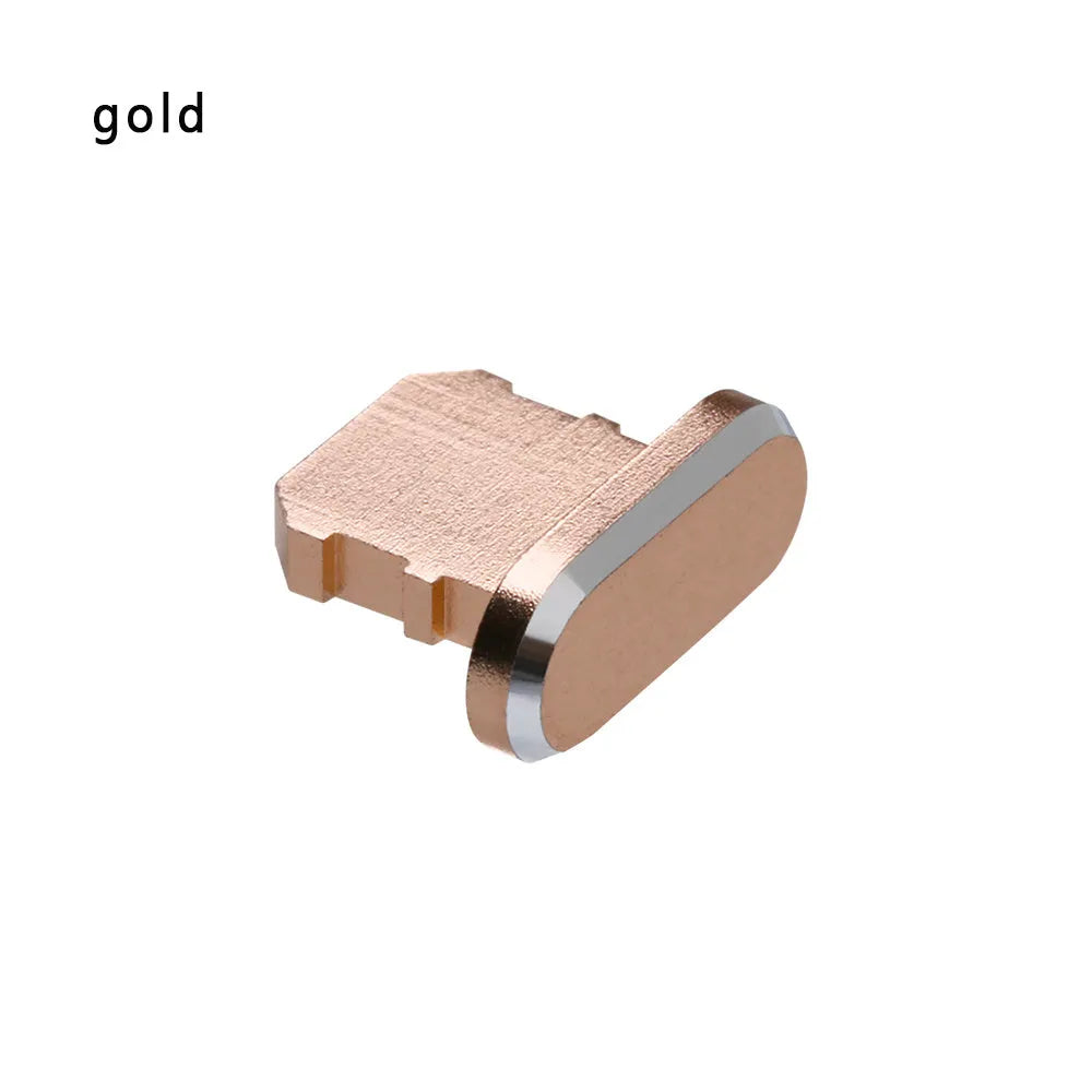 Aluminium alloy charging port dust plug for iPhone in various colours including gold, black, and rose gold.