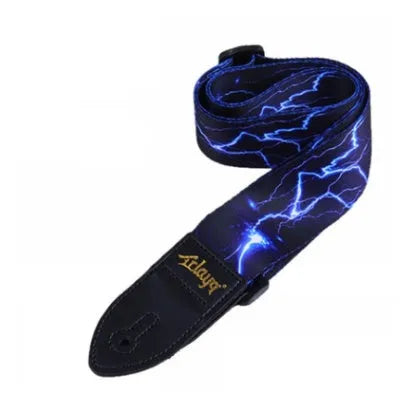 Printed cloth guitar shoulder strap showing eight design options including national flag and lightning patterns