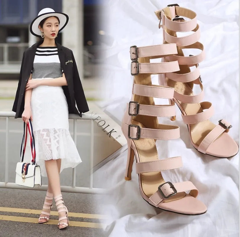 High tube women's sandals with belt buckle and block heel in black, pink and red, UK sizes 32 to 46