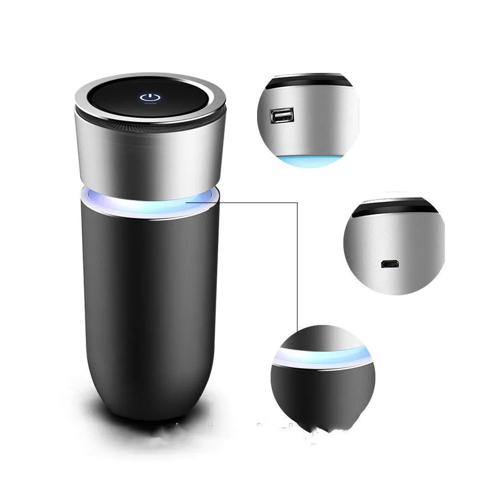 USB negative ion car air purifier in grey, compact 75x75x165mm size on a desk