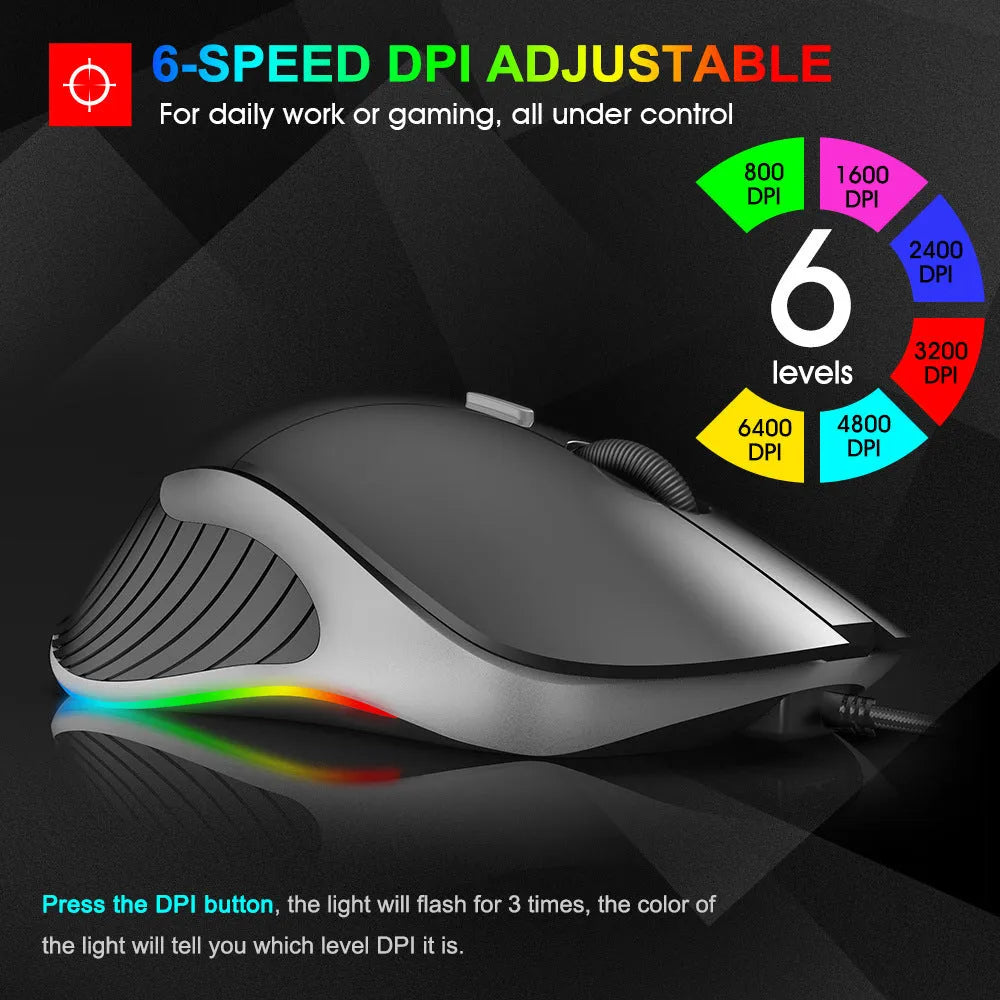 LED Gaming Mouse 6400 DPI wired ergonomic with 7 buttons and scroll wheel