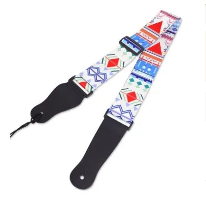 Printed cloth guitar shoulder strap showing eight design options including national flag and lightning patterns